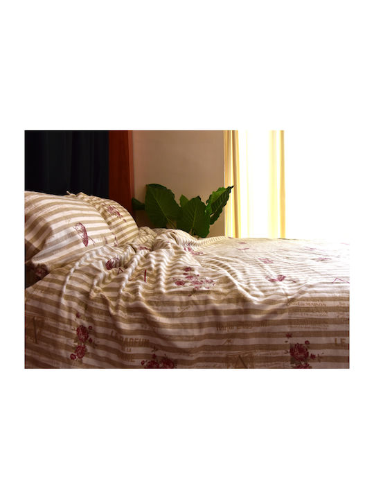 Decotelia Duvet Cover Set Flannel Single with Pillowcase 165x245 Ecru / Wine