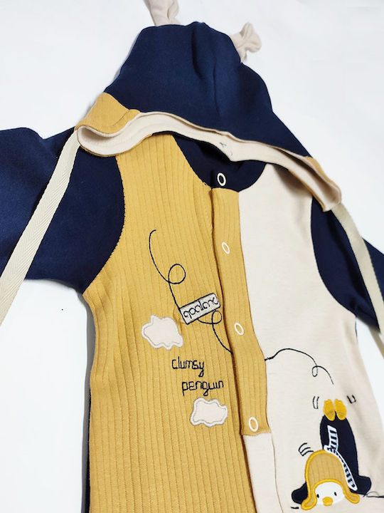 Baby boys' ribbed-checkered overalls with penguin mustard-beige for boys (3-9 months)