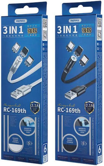 Remax RC-169th Magnetic USB to micro USB / Type-C / Lightning Cable 2.1A Λευκό 1m