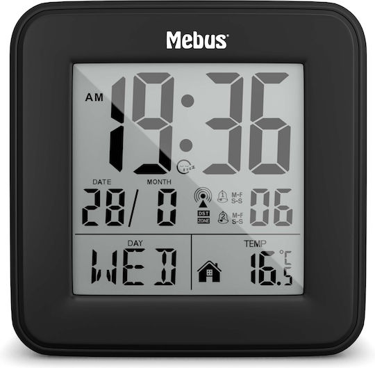 Mebus Επιτραπέζιο Ψηφιακό Ρολόι LCD Πλαστικό με Ξυπνητήρι Μαύρο 25595