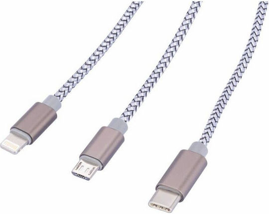 Troika CBL30 Geflochten USB zu Blitzschlag / Typ-C,TC-TC / Micro-USB Kabel Gray 1m