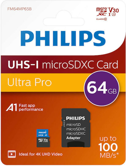 Philips Ultra Pro microSDXC 64GB U3 V30 UHS-I 100MB/s με αντάπτορα