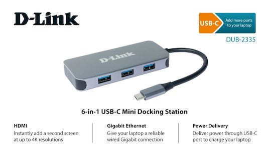 D-Link USB-C Docking Station with HDMI 4K PD Ethernet Gray (DUB-2335)