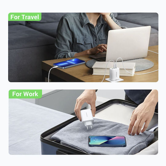 Ugreen Charger Without Cable GaN with USB-A Port and 2 USB-C Ports 65W Power Delivery Whites (CD275)