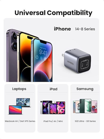 Ugreen Φορτιστής Χωρίς Καλώδιο GaN με 2 Θύρες USB-C 45W Power Delivery Space Gray (Nexode CD294)
