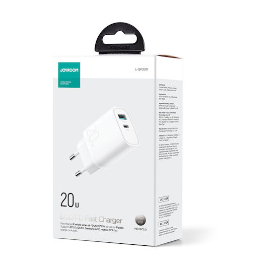 Joyroom Charger Without Cable with USB-A Port and USB-C Port 20W Quick Charge 3.0 Whites