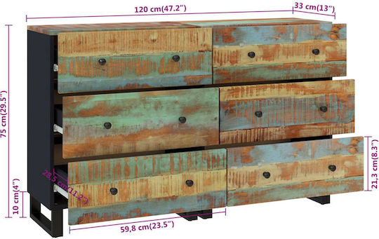 Chest of Drawers of Solid Wood with 6 Drawers 120x33x75cm