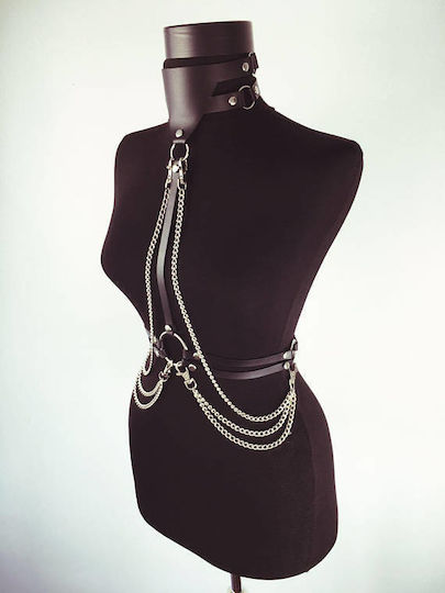 Leather & Latex Outfit Women's Leather Top with Necklace & Chains Black