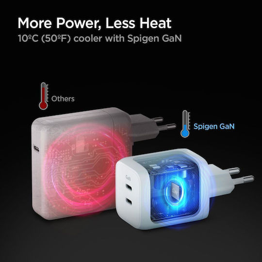 Spigen Încărcător Fără Cablu GaN cu 2 Porturi USB-C 65W Livrarea energiei Albς (PE2106EU)