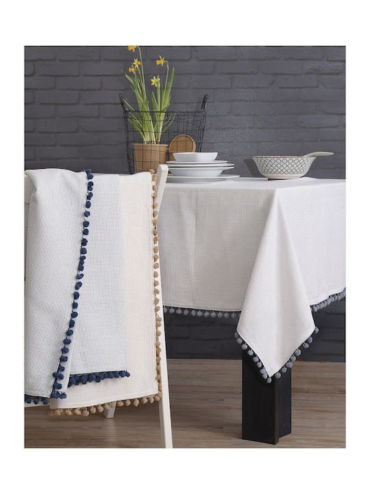 Rythmos Τραπεζομάντηλο Βαμβακερό Pom Pom 01 Μπλε 140x220εκ.