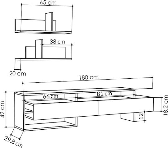Wohnzimmer TV-Einheit Gara Charcoal L180xB29.8xH42cm