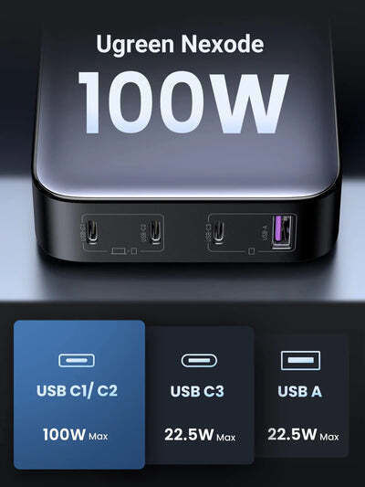 Ugreen GaN Charging Station with USB-A Port and 3 USB-C Ports 100W Power Delivery / Quick Charge 4.0 in Black (Nexode CD328)