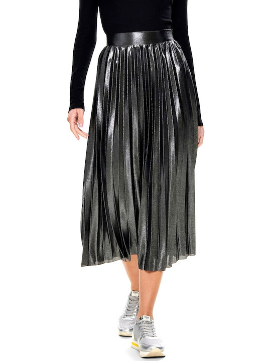 Πλισέ Ψηλόμεση Maxi Φούστα Silver Metallic