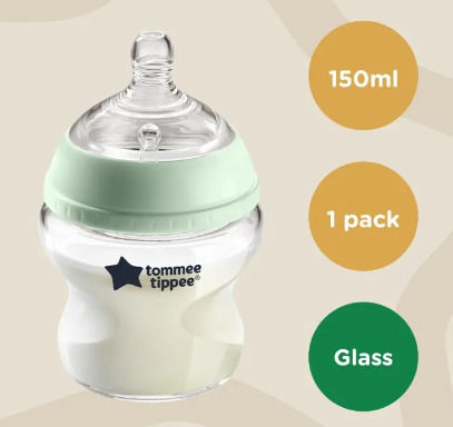 Tommee Tippee Glass Baby Bottle Closer To Nature Anti-colic with Silicone Teat for 0+ Months Green Green 150ml