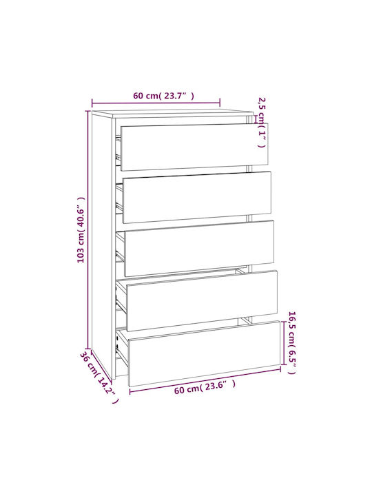 Wooden Bedroom Chest of Drawers With 5 Drawers White 60x36x103cm