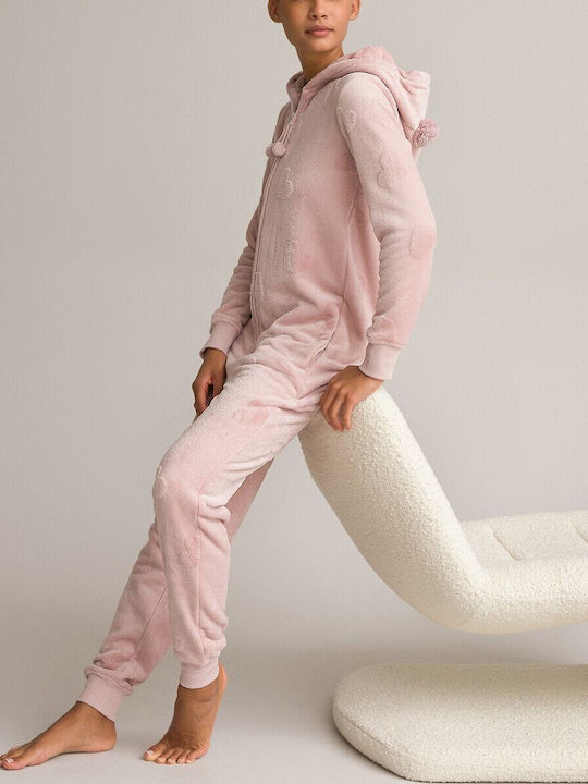 La Redoute Collections Χειμερινή Γυναικεία Fleece Ολόσωμη Πιτζάμα Ροζ