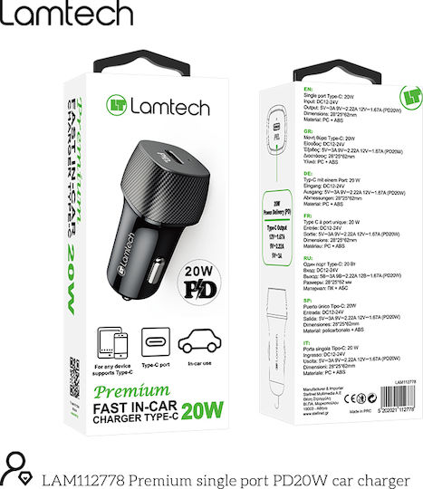 Lamtech Φορτιστής Αυτοκινήτου 20W Γρήγορης Φόρτισης με μία Θύρα: 1xType-C Μαύρος