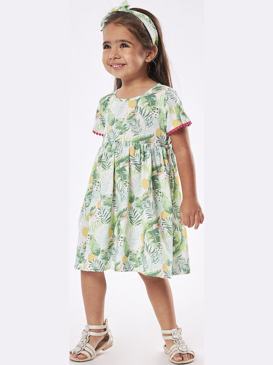 Rochie De Fete Tropical Fruits Mâneca Scurtă Floral Set Cu Accesorii Verde