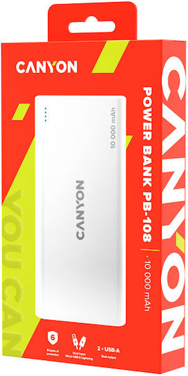 Canyon PB-108 Power Bank 10000mAh με 2 Θύρες USB-A Λευκό
