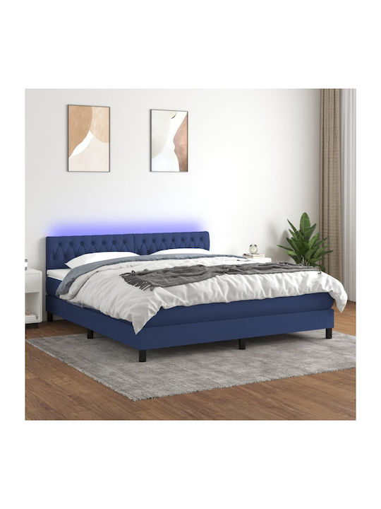 Κρεβάτι King Size Επενδυμένο με Ύφασμα Μπλε με Στρώμα & Τάβλες για Στρώμα 180x200cm