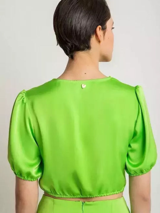 Desiree Women's Summer Crop Top Satin Short Sleeve Green
