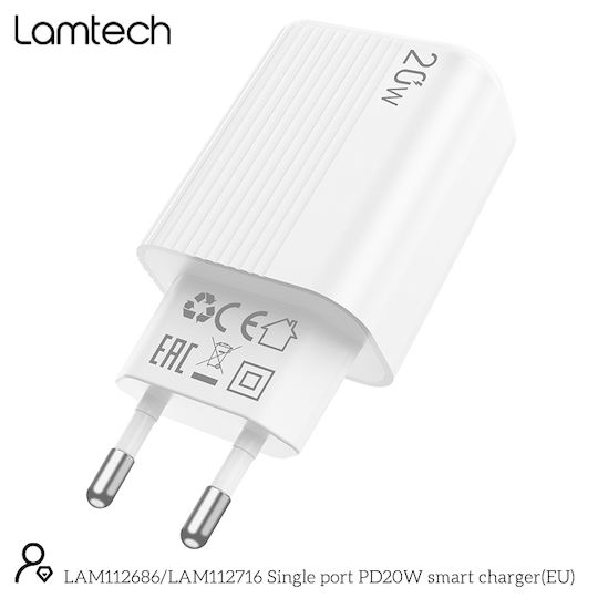 Lamtech Wireless Charger with USB-C Port 20W Power Delivery White (LAM112686)