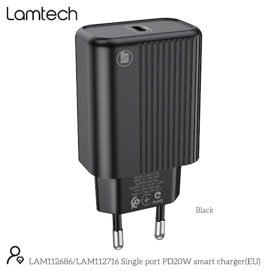 Lamtech Φορτιστής Χωρίς Καλώδιο με Θύρα USB-C 20W Power Delivery Μαύρος (LAM112716)
