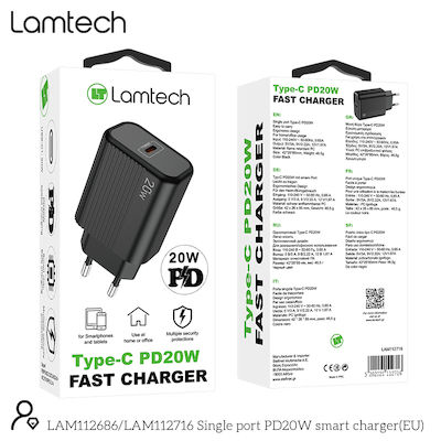 Lamtech Зарядно без кабел с USB-C порт 20W Доставка на енергия Черно (LAM112716)