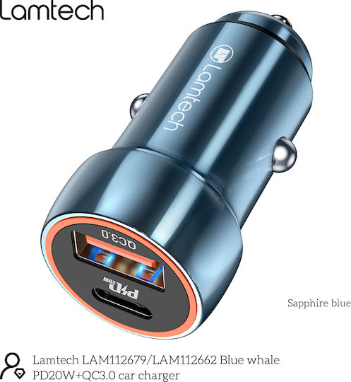 Lamtech Зарядно за кола 20W Бързо Зареждане с Портове: 1xUSB 1xType-C Син Цвят