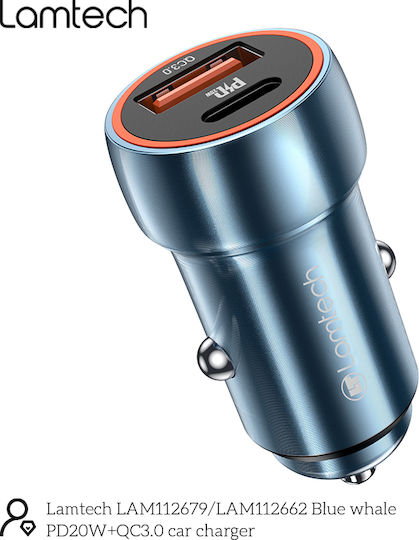 Lamtech Зарядно за кола 20W Бързо Зареждане с Портове: 1xUSB 1xType-C Син Цвят