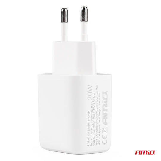 AMiO Încărcător Fără Cablu Cu Port USB-A și Port USB-C 20W Livrarea Energiei Quick Charge 3.0 Alb