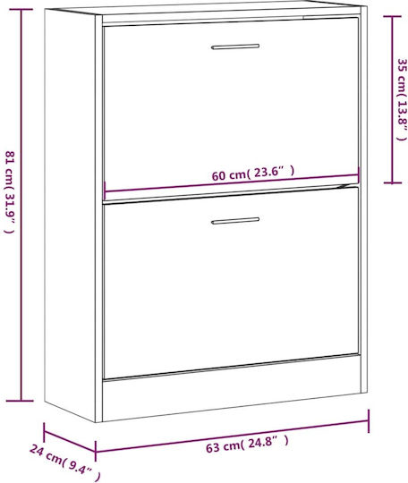 Wooden Shoe Organizer with 2 Shelves Oak 63x24x81cm
