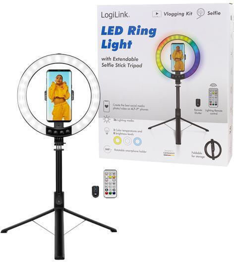 LogiLink Ringlicht 20cm 3200 - 6500K mit Bodenstativ und Handyhalter