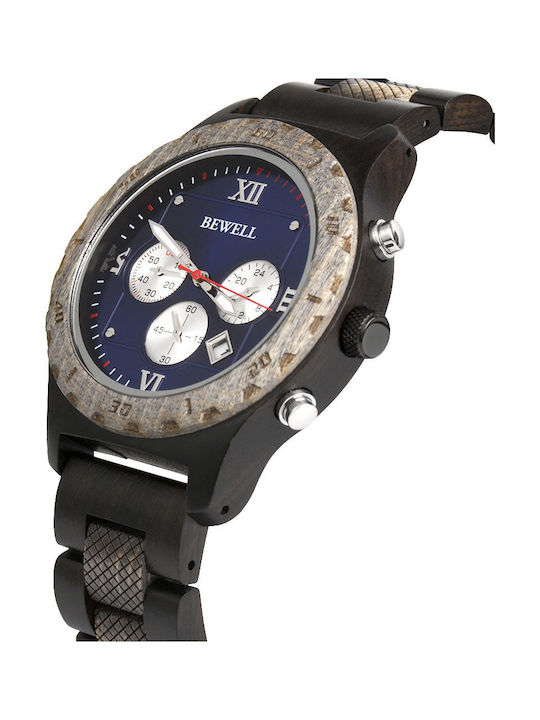 Bewell Cadmus Men's Watch 46mm Chronograph Battery with Black Wooden Bracelet