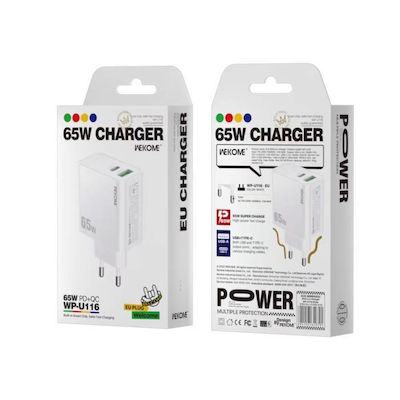 WK Charger Without Cable with USB-A Port and USB-C Port 65W Power Delivery / Quick Charge 3.0 White (WP-U116)