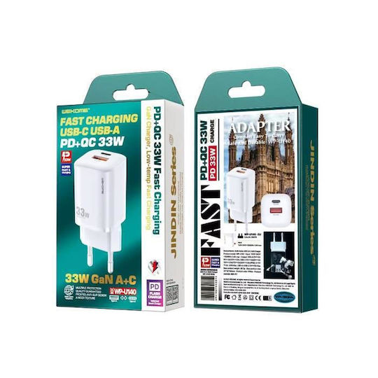 WK Wireless GaN Mobile Phone Charger with USB-A and USB-C Output Ports 33W Power Delivery / Quick Charge 3.0 White