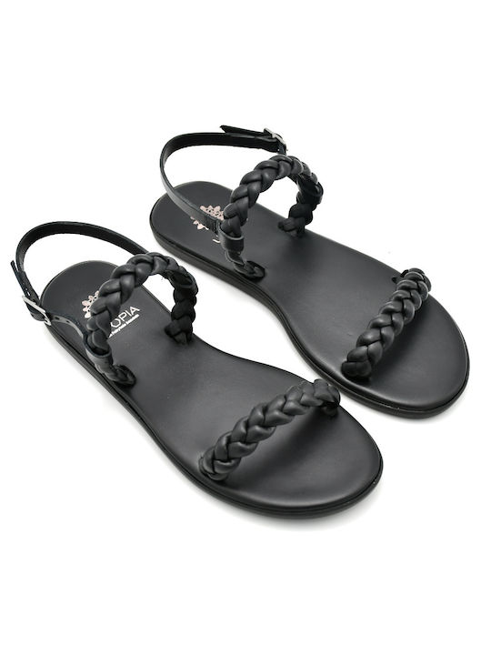 Utopia Sandals Leather Women's Flat Sandals in Black Color