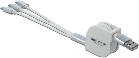 DeLock Ausziehbar USB zu Blitzschlag / Typ-C,TC-TC / Micro-USB Kabel Weiß 0.98m (85850)