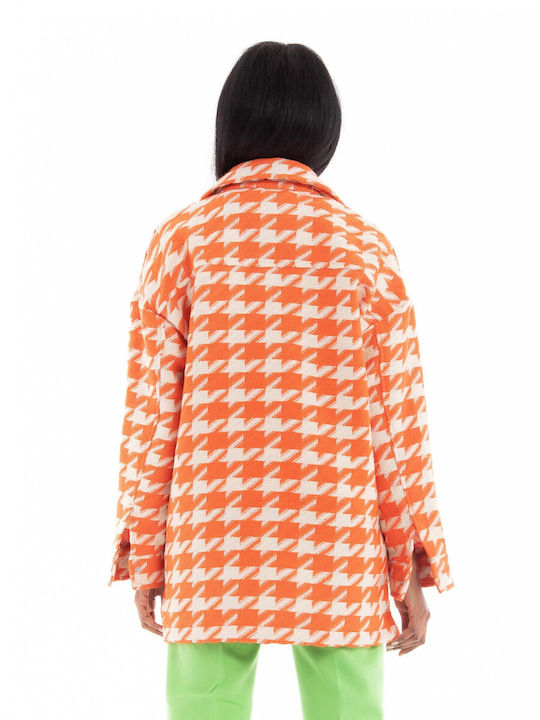 Only Women's Curly Checked Midi Overshirt with Buttons Orange