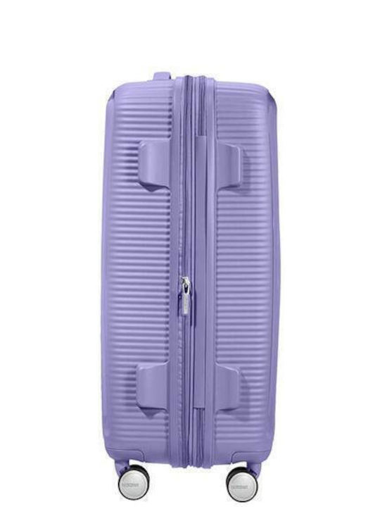 American Tourister Soundbox Spinner Expandable Medium Hard Purple Suitcase With 4 Wheels Height 67cm