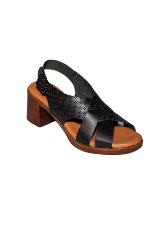 Adam's Shoes Leather Women's Sandals Anatomic with Chunky Medium Heel In Black Colour