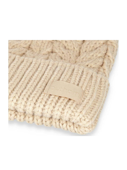 Pom Pom Beanie Γυναικείος Σκούφος με Πλεξούδες σε Μπεζ χρώμα