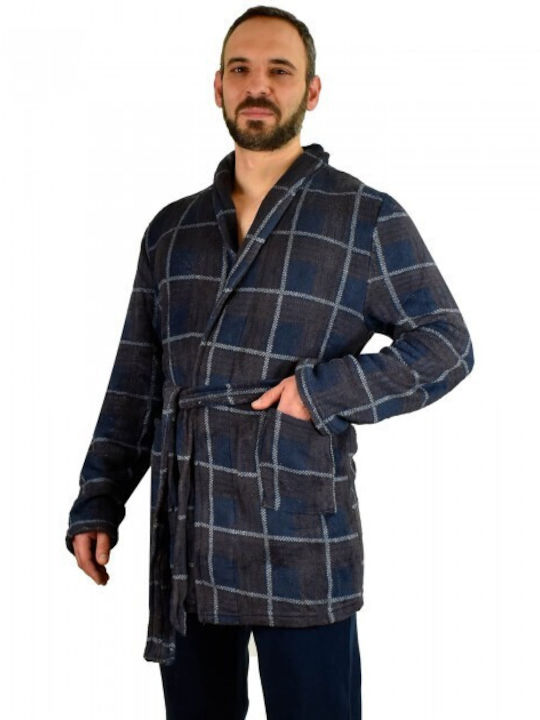 Karelpiu -1 Winter Karo Herren-Robe Vlies Marineblau