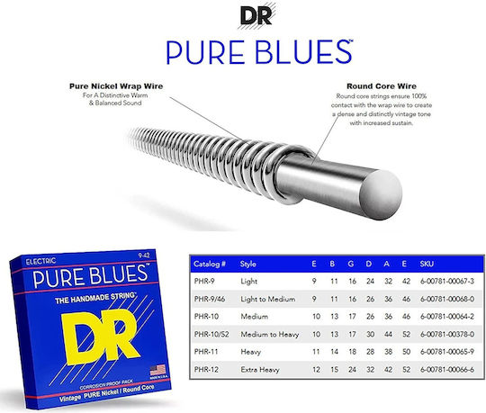 DR Set Corzi Pentru Chitară Electrică Pure Blues Nichel Pur 11 - 50