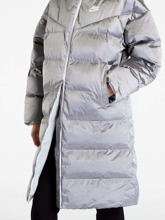 Therma Fit City Μακρύ Γυναικείο Puffer Μπουφάν για Χειμώνα Ασημί