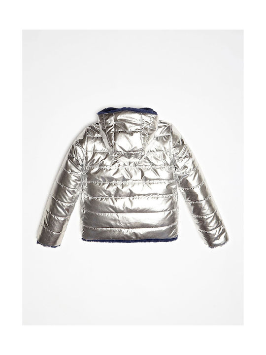 Guess Kids Quilted Jacket short Double Sided Hooded Silver