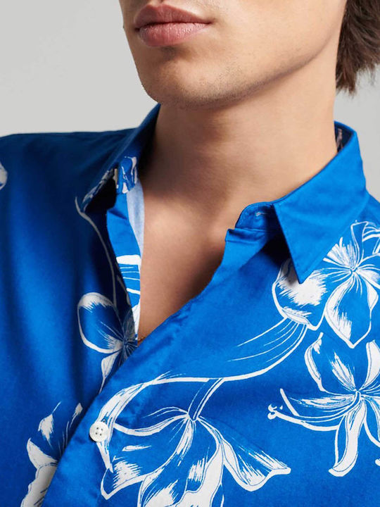 Vintage Hawaiian Short-sleeved Denim Shirt Floral Blue
