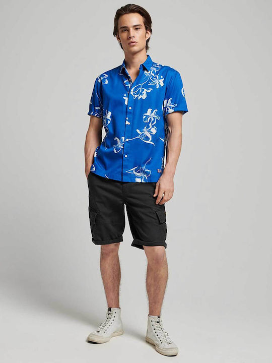 Vintage Hawaiian Short-sleeved Denim Shirt Floral Blue