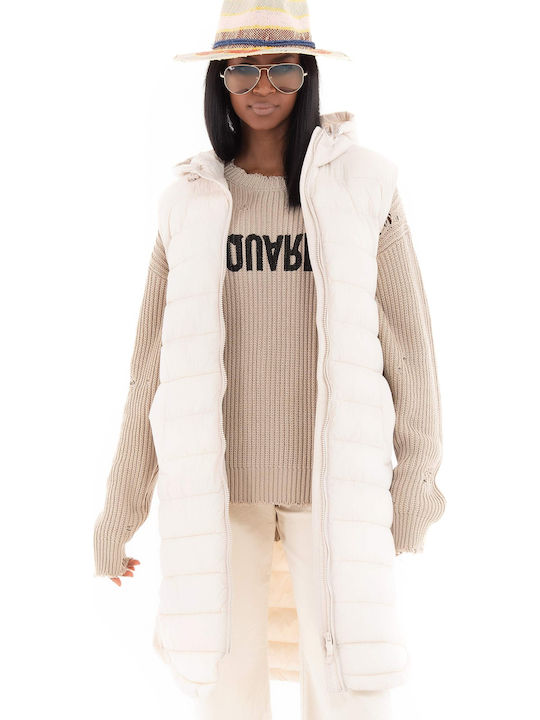 Melody Women's Long Puffer Jacket for Winter with Hood Beige Light