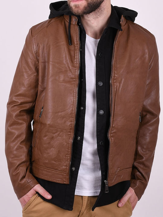 Leatherette jacket with hood Camel Brown